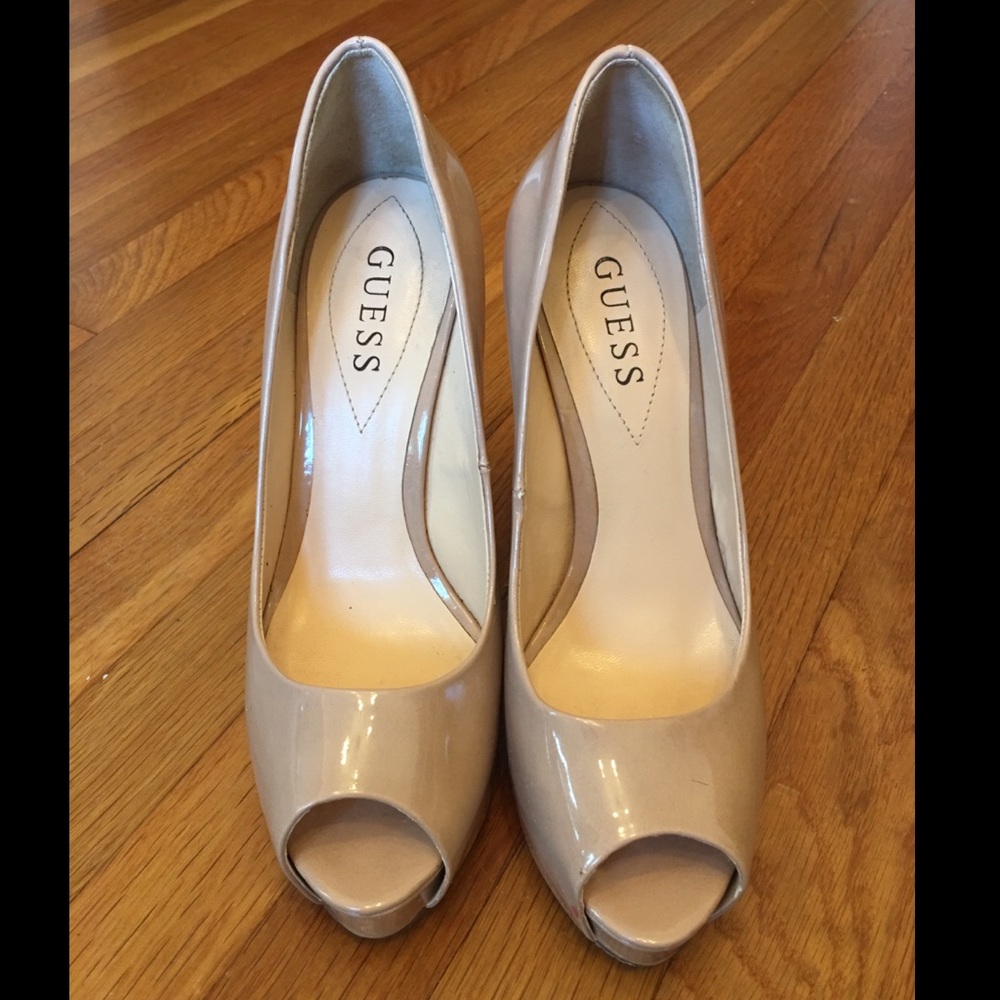 Guess Taupe/Pink Patent Peep-Toe 3.5in Heels, Sz 7